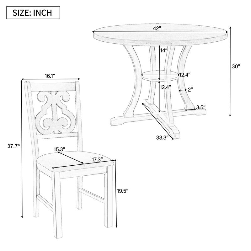 Gray 5-Piece Wooden Dining Table Set with Round Table, 4 Chairs & Shelf
