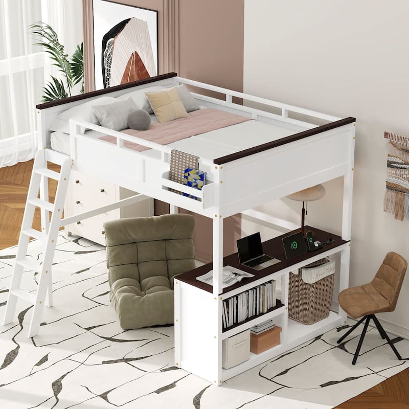 Queen Size Loft Bed with Desk,Open Shelf and a Storage Box,USB Charging Station