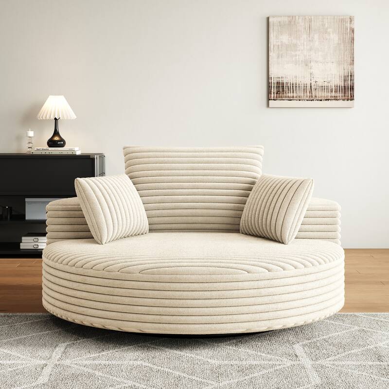 Oversized Swivel Accent Chair, Corduroy Round Lounge Sofa Chair, Upholstered Reading Armchair with Back Cushion & 2 Pillows