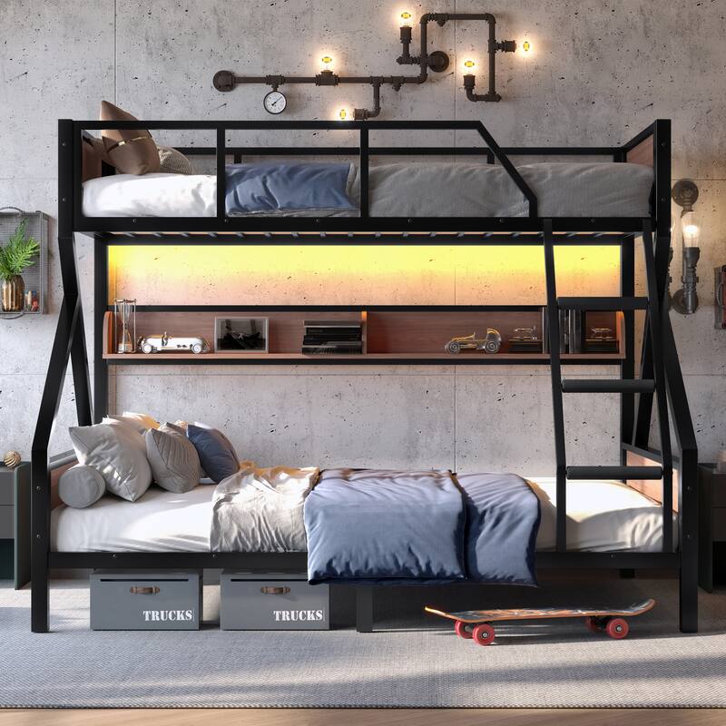 Metal Bunk Bed with Wood Storage Shelves and Light Strip, Noise-free Design Bed Frame with Guardrails, Ladder and Headboards - Black - Queen