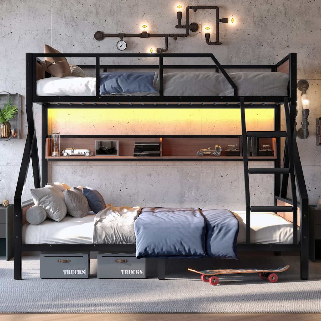 Metal Bunk Bed with Wood Storage Shelves and Light Strip, Noise-free Design Bed Frame with Guardrails, Ladder and Headboards