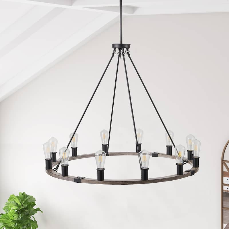 Industrial Black 12-Light Wagon Wheel Farmhouse Chandlier Fixture