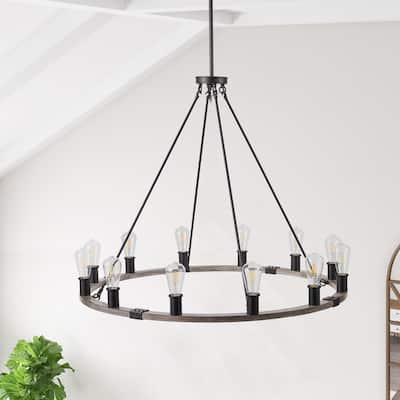 Industrial Black 12-Light Wagon Wheel Farmhouse Chandlier Fixture