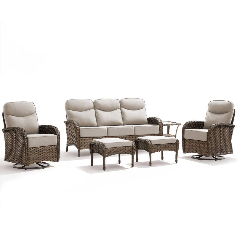 Luna 6-Piece Wicker Patio Conversation Set with Swivel Gliders and 6-Inch Thick Olefin Cushions