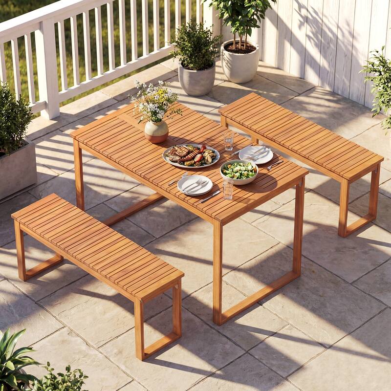 Gymax 3 PCS Acacia Wood Picnic Set 43.5'' Outdoor Dining Table w/2
