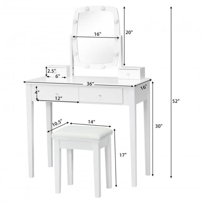 Vanity Table Set with Lighted Mirror for Bedroom and Dressing Room - 36" x 16" x 52" (L x W x H)
