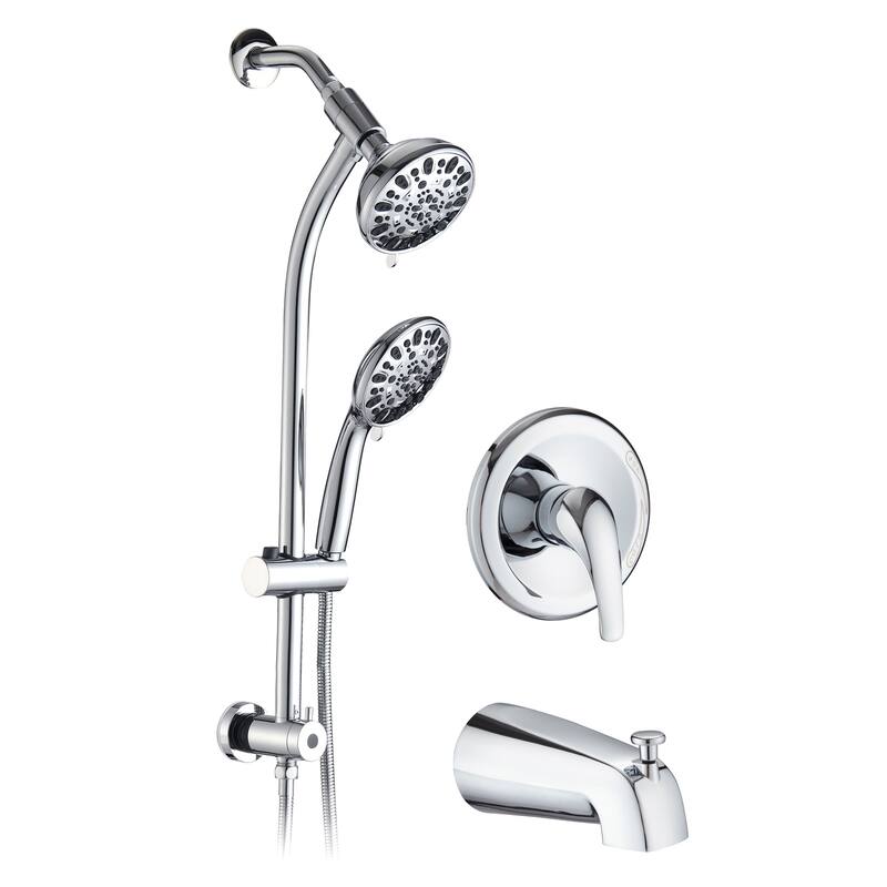 Proox 7-Sprayer Dual Head Shower Faucet Drill-Free slide bar combo Bathtub Spout Included Valve - 5 - Chrome