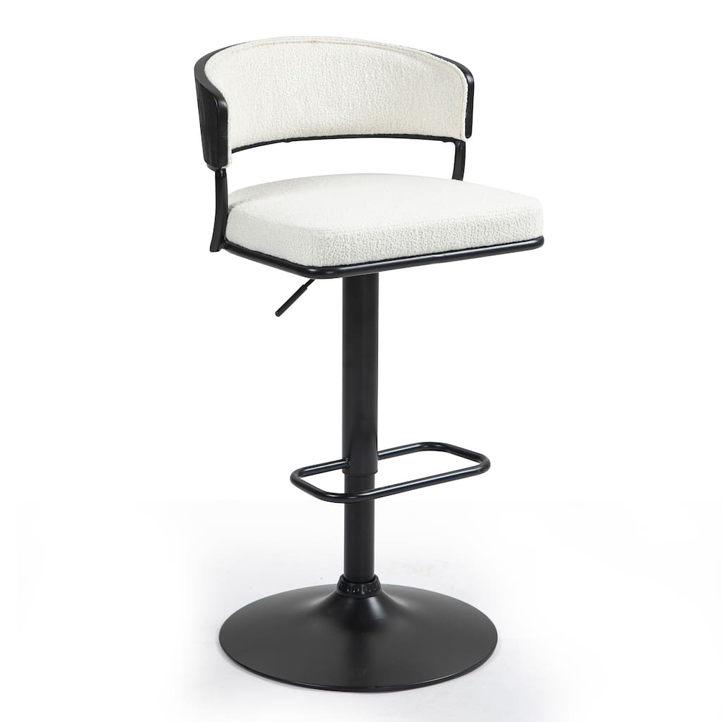 Bayle White Boucle Fabric Adjustable Swivel Bar Stool with Iron Pedestal