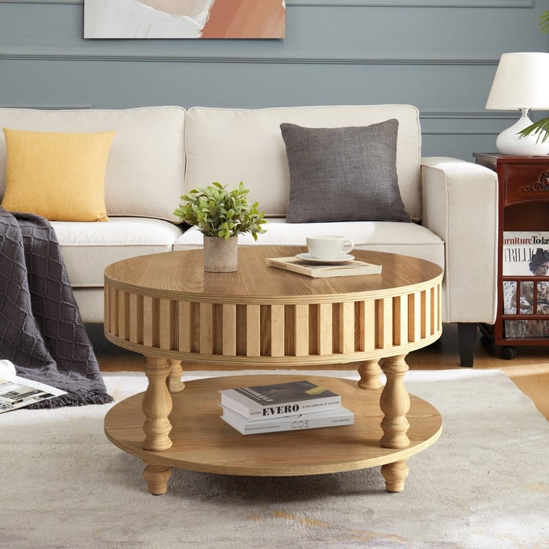 Farmhouse 31.49" Round Coffee Table with Storage and Flip-Top Lids for Rustic Living Room Organization and Style