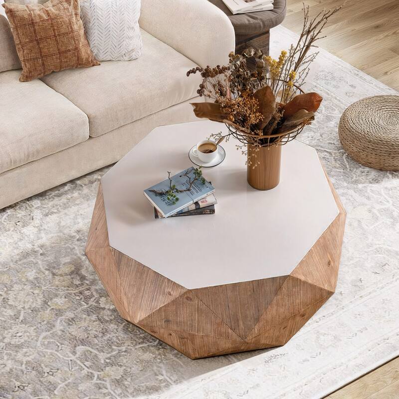 38"Three-dimensional Embossed Pattern Design American Retro Style Coffee Table,White - White+Natural