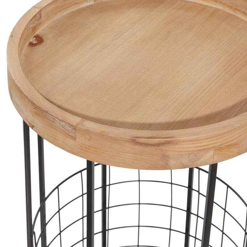 Black Metal Side End Accent Table with Brown Wood Top and Wire Basket Storage
