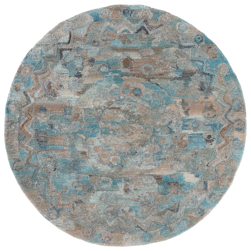 SAFAVIEH Handmade Anatolia Ramzia Traditional Rug - 6' Round - Light Blue/Brown