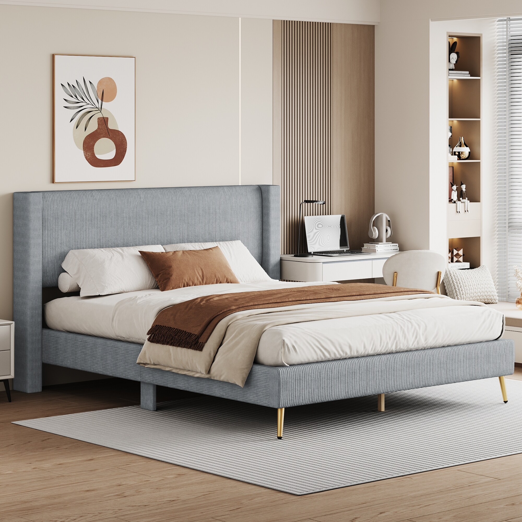 Lov4ever Queen Platform Bed Frame With Wingback Upholstered Headboard - Light Grey