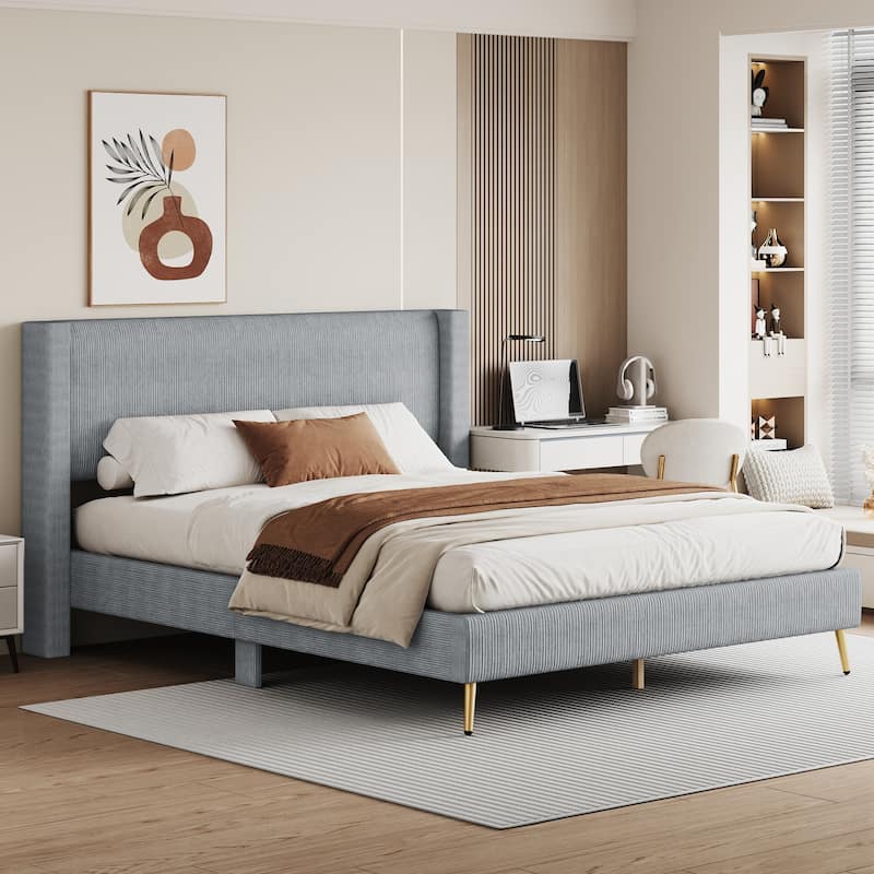 Queen Size Corduroy Platform Bed with Tufted Headboard and Metal Legs - Gray