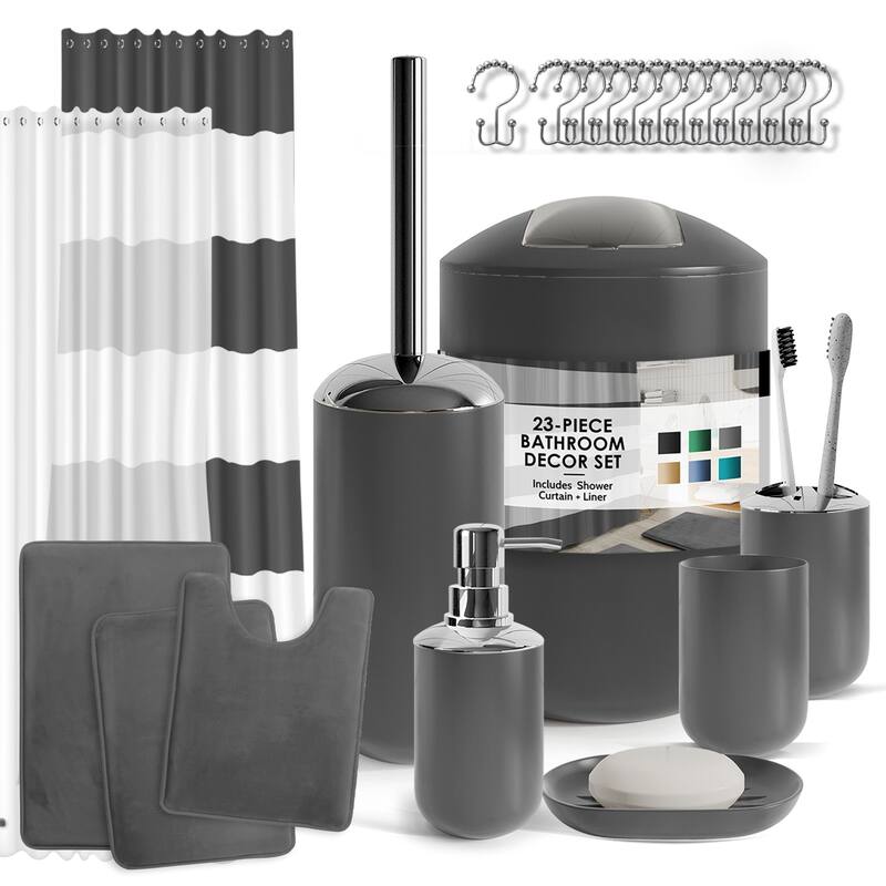 Clara Clark 23 Piece Complete Bathroom Accessories Kit With Shower Curtain and Rug Set - Gray
