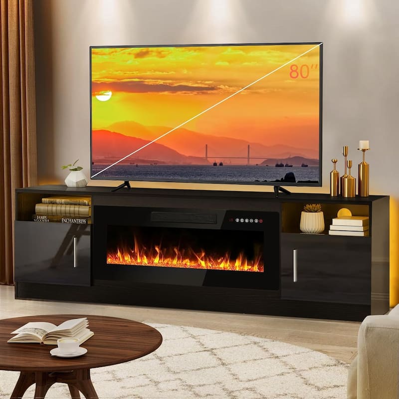 Bossin 70" Fireplace TV Stand with 36" Electric Fireplace, TV Stand for TVs Up to 80", 16 Colors LED Lights/Entertainment Center - Black