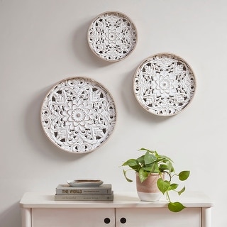 3-Piece Round Natural Wood Wall Decor, Carved Floral Medallion Design - 11.75*11.75''