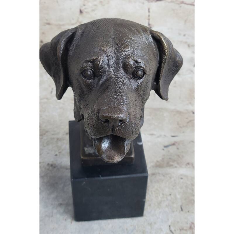 Signed Original Happy Labrador Puppy Dog Bust Marble Base Sculpture Statue Decor