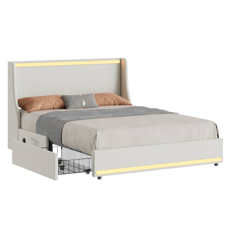 Javlergo Bed Frame with LED Lights and Charging Station Linen Fabric Bed with Drawers Wooden Slats