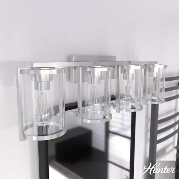 slide 2 of 12, Hunter Astwood Bathroom Vanity Light, Clear Cylinder Glass, Damp Rated, Caged - Contemporary, Transitional, Art-Deco 4-Light 33" - Brushed Nickel