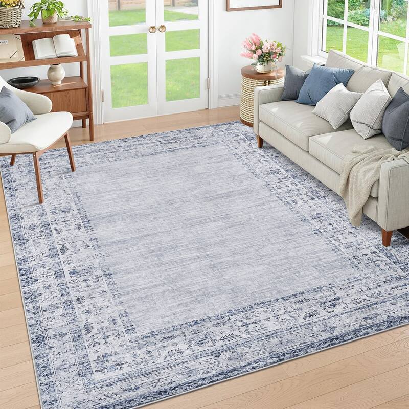 Vintage Bordered Area Rug Washable Area Rug Non-Slip Low Pile Throw Carpet for Living Room Bedroom Dining Room - 5'x7' - Light Blue