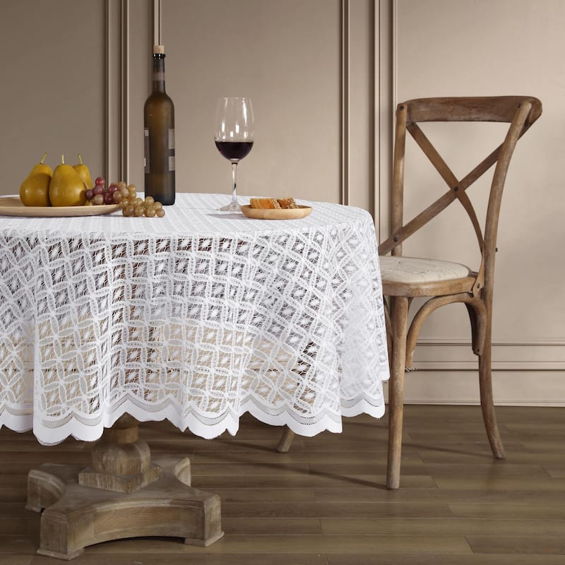 HLC.me Alona Lace Fabric Tablecloth for Rectangle & Round Tables, Wrinkle Resistant, Patterned Scalloped - 70in Round - White