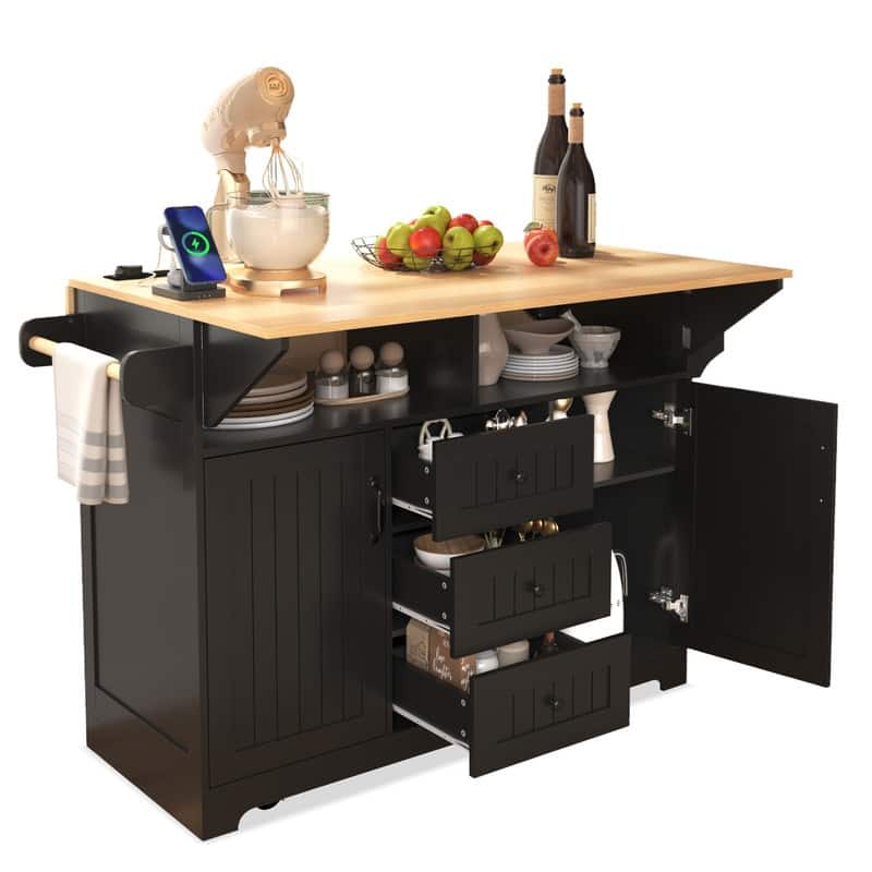 55.7" Rolling Kitchen Island with 2 Drop Leaf Power Outlet Spice Rack and 3 Drawers