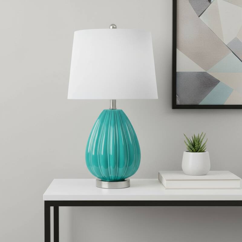 HomeRoots 23" Teal Blue And Silver Glass And Metal Novelty Table Lamp With White Drum Shade - 13.00 in. x 23.25 in. x 13.00 in. - Teal Blue/Silver/White - 13.00 in. x 23.25 in.  x 13.00 in.