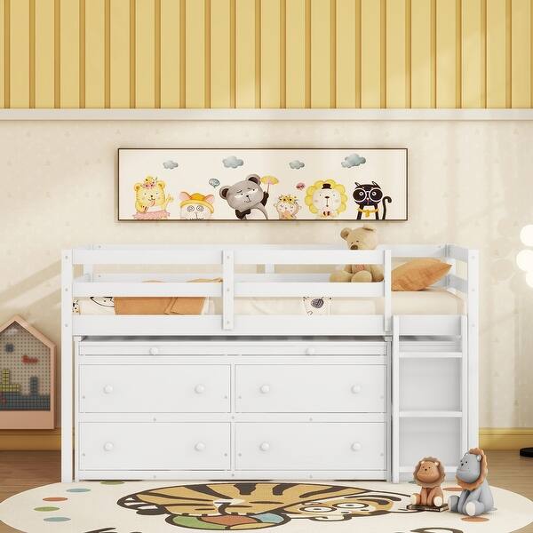 slide 2 of 20, Twin Size Loft Bed w/ Retractable Writing Desk & 4 Drawers, Wooden Loft Bed w/ Lateral Portable Desk and Shelves, White White