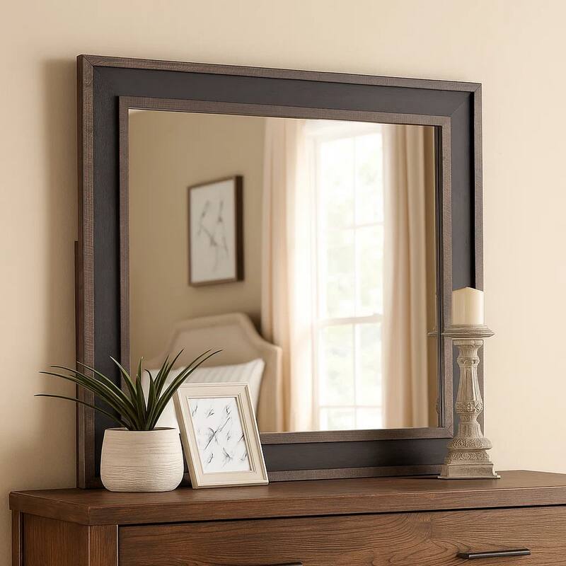 Dresser Mirror, Rustic Brown and Charcoal Gray Wood Frame, 36 Inch - Brown, Charcoal Gray