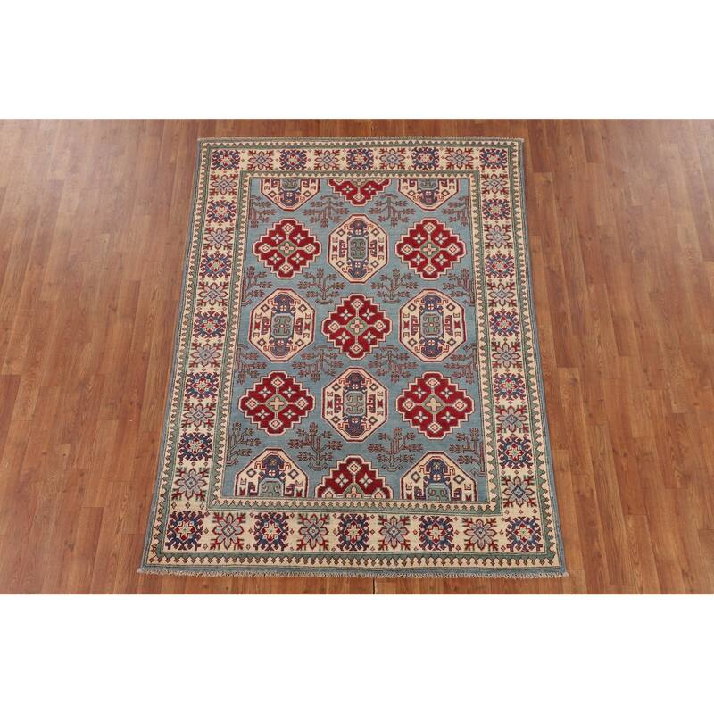 Light Blue Geometric Kazak Rug Hand-Knotted Oriental Wool Carpet - 4'11" x 6'8"