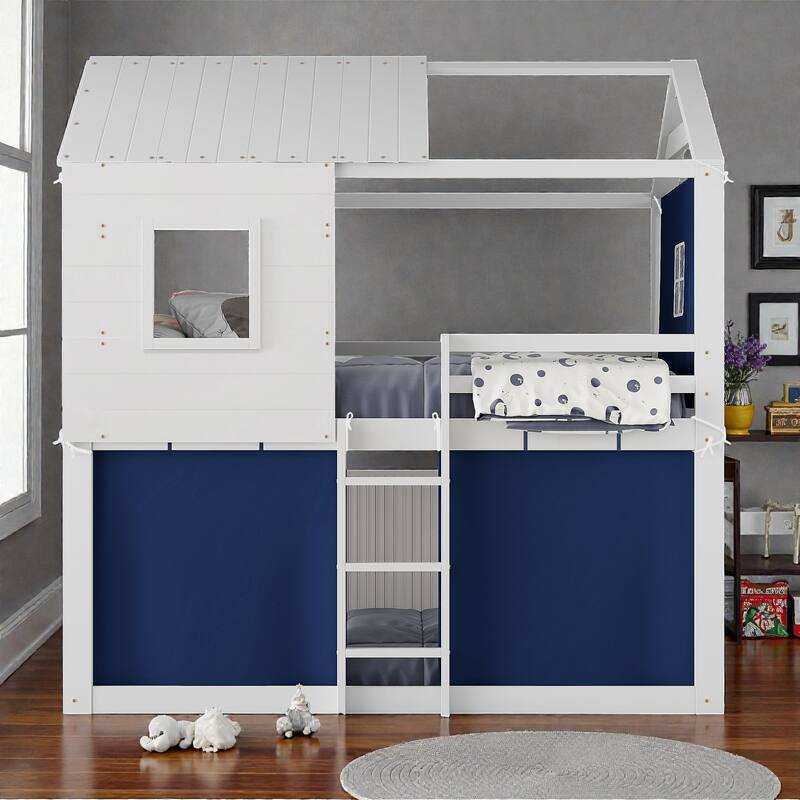 Twin/Full Wood House Bunk Bed with Tent, Playhouse Design, Windows & Roof, Solid Wood Frame, No Box Spring Required