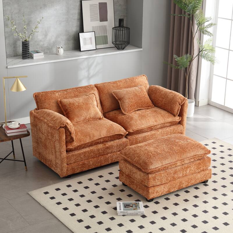 76'' Oversized Chenille Loveseat Sofa with Movable Ottoman Small Sofa for Apartment