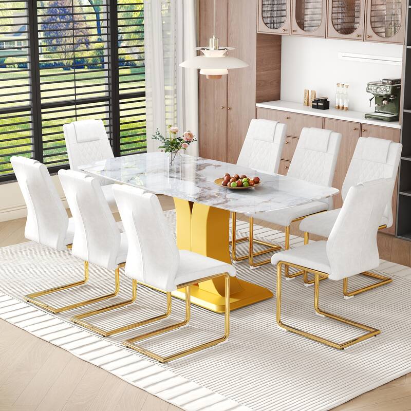 White Leather Dining Chairs with Metal Legs, Dining Table & Chairs Set Dining Table with Gold C-Shaped Legs
