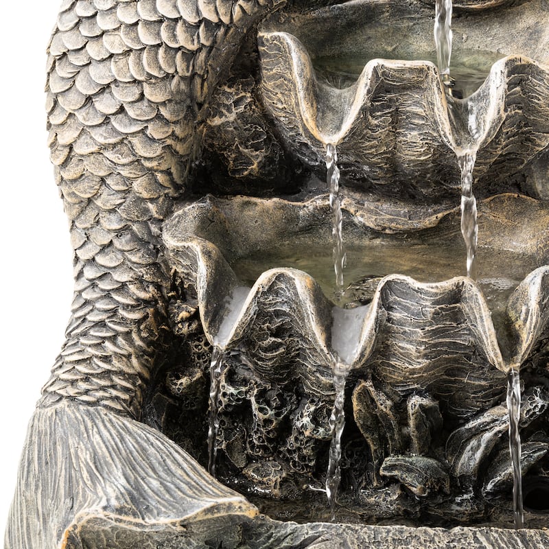 Glitzhome 22"H 4-Tiered LED Lighted Mermaid Fairy Polyresin Outdoor Floor Statue Fountains