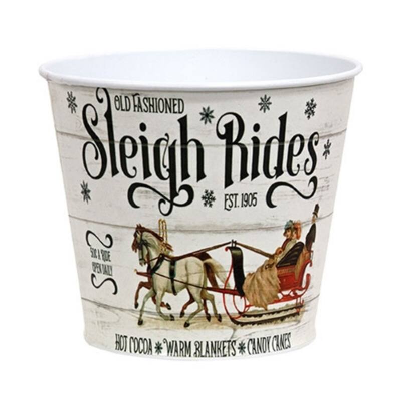 Old Fashioned Sleigh Rides White Metal Bucket Vintage Decor - White