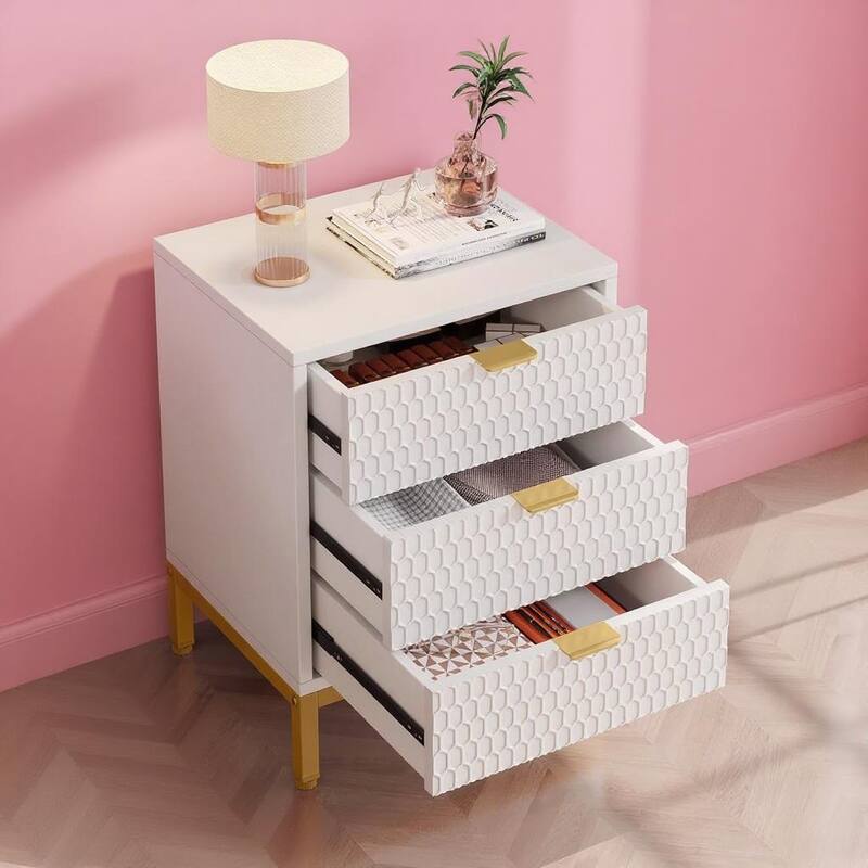 White Particleboard Nightstand with 3 Drawers and Gold Metal Base