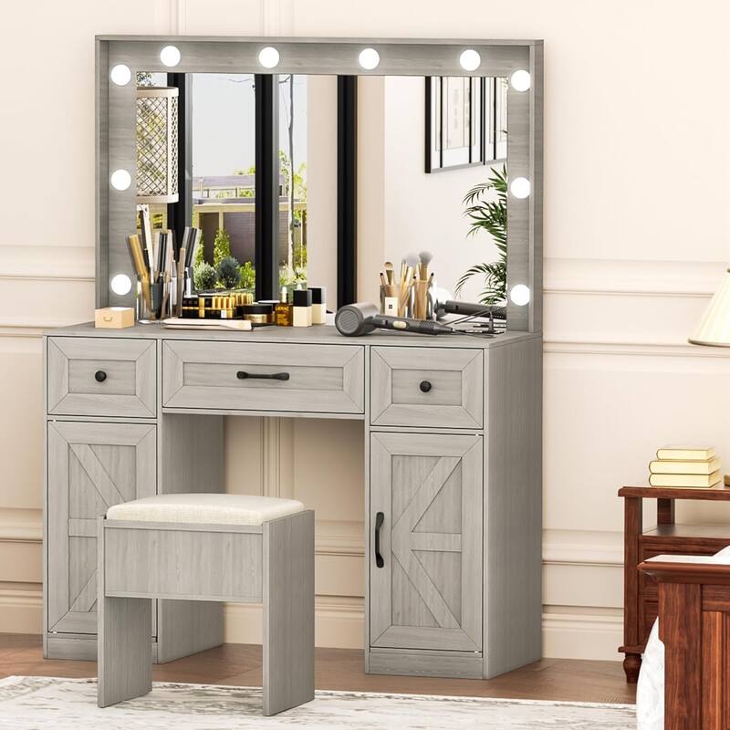 43.3'' Wide Makeup Vanity Dressing With Lighted Mirror and Stool - Grey