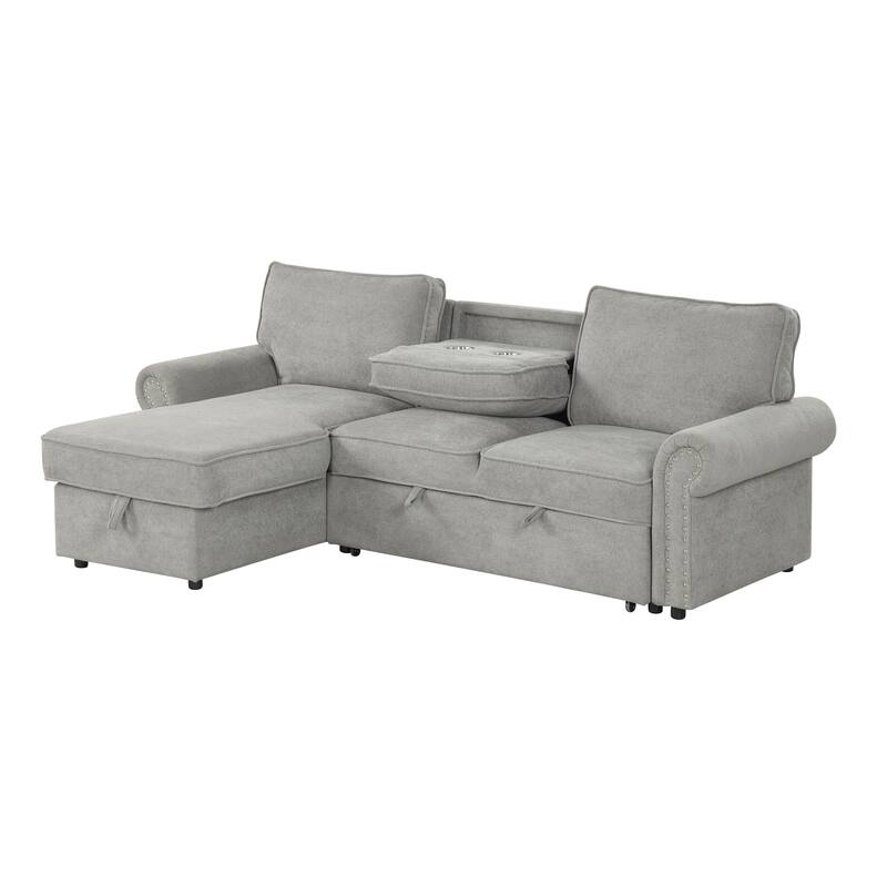 95" Convertible Sectional Sleeper Sofa with Storage Chaise, Pull-Down Tray & Cup Holders, Acacia Wood Frame (Polyester)