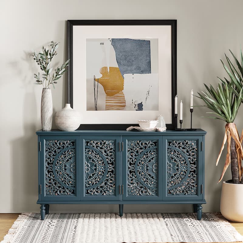 Ismenides Traditional Carved Built-in Lighting Sideboard Storage TV Stand By HULALA HOME - Blue