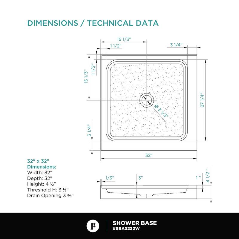 Fine Fixtures Double Threshold Acrylic Shower Base - Non-Slip Textured Surface Shower Floor Pan in White
