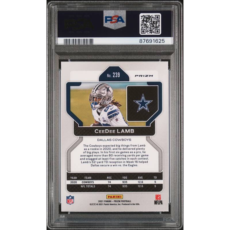 CeeDee Lamb 2021 Panini Prizm Red White Blue Football Card #239 Graded PSA 9 - 8'6" x 11'6"