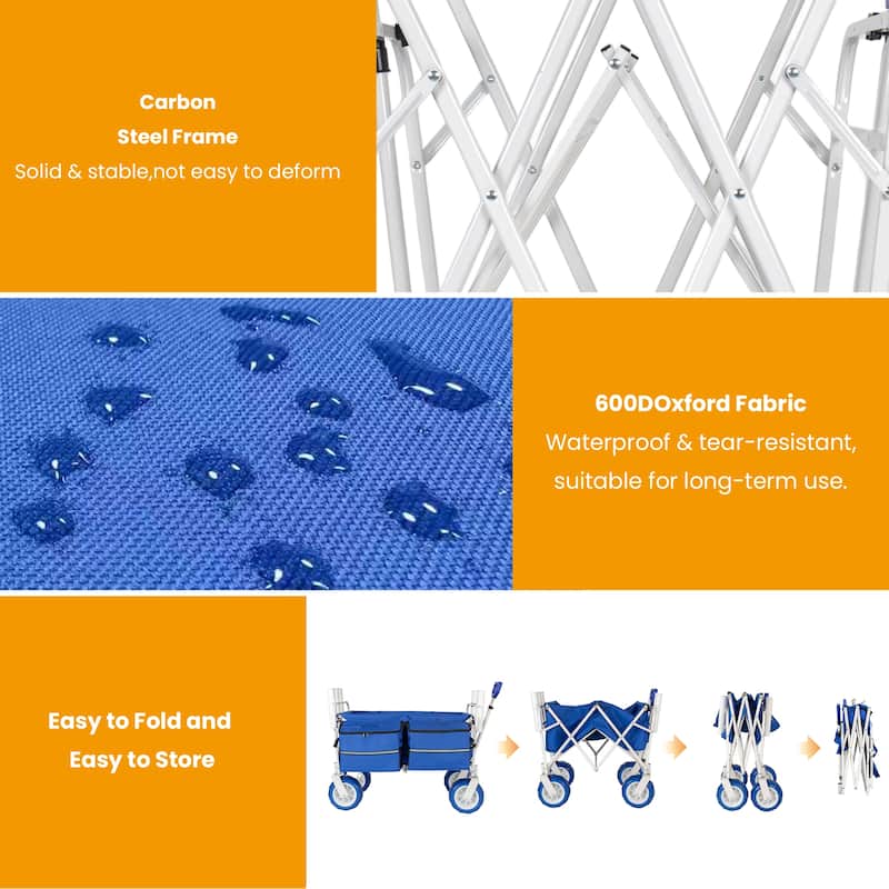 Beach Wagon Cart with Rod Holders and 9" All-Terrain Wheels, 500lbs Heavy Duty Collapsible Folding Wagon, Adjustable Handle