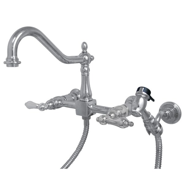 Heritage Two-Handle Wall Mount Bridge Kitchen Faucet with Brass Sprayer. Opens flyout.