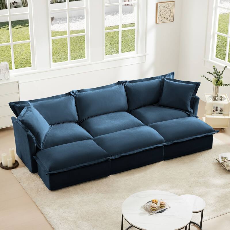 Modern 3-seater upholstered sofa with 3 ottomans and 2 pillows