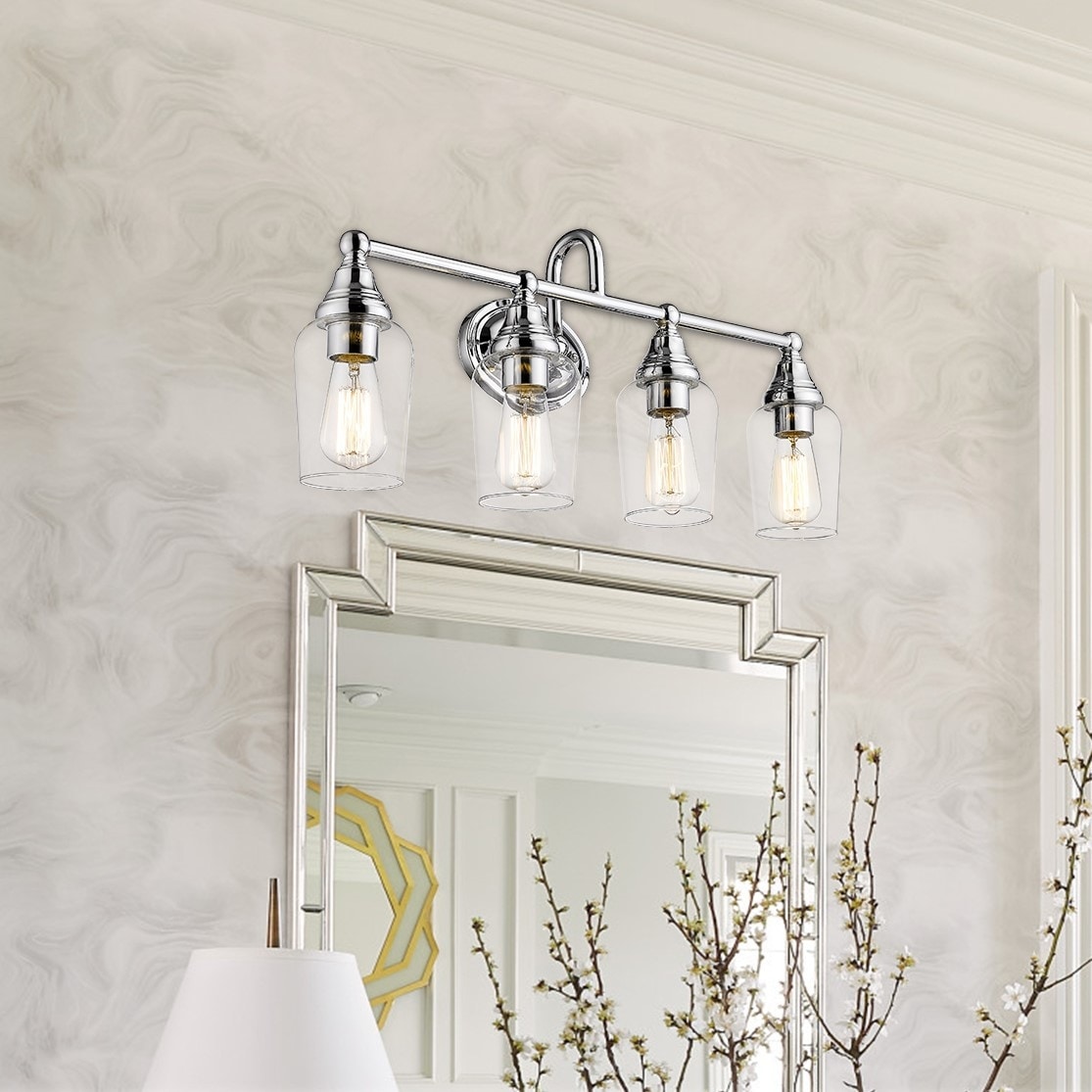 4-Light Bathroom Vanity Lighting Fixture Wall Sconces, Clear Glass
