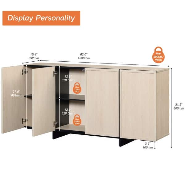 dimension image slide 1 of 4, WAMPAT Buffet Cabinets, Modern Sideboard with Large Storage Space and T-Shaped Legs for Dinning Room, Kitchen