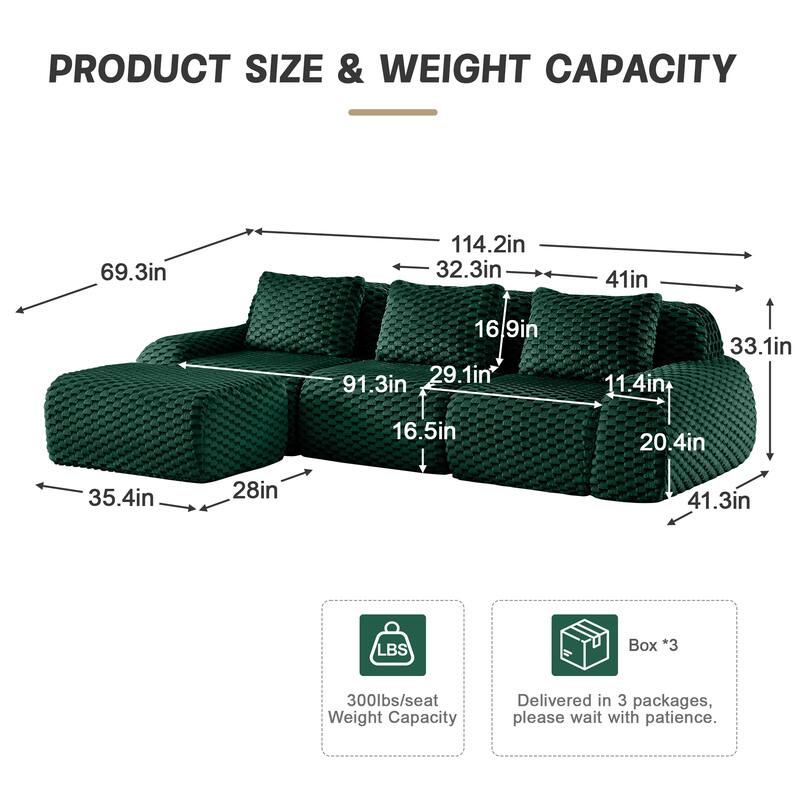 114" Modern Modular Sectional Sofa for Living Room,Boneless Sofa,Deep Seat,Buckle Connection,Anti-slip Design,Movable Ottoman