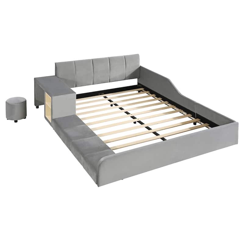 Full Size Velvet Grounded Bed with Bedside Desk and Little Round Stool