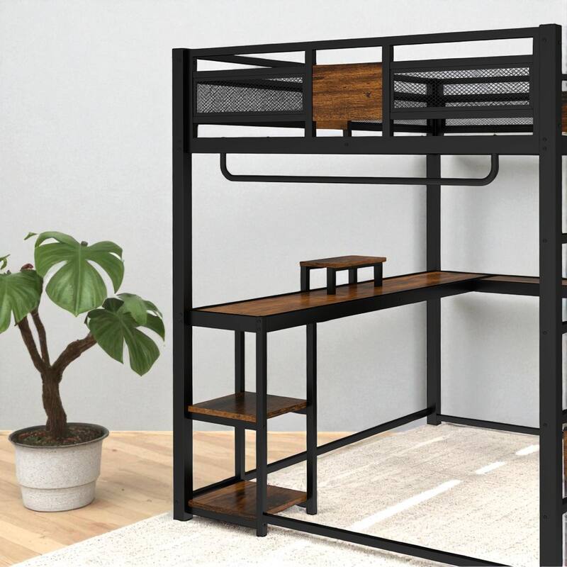 Queen Loft Bed with Desk and Storage Drawers, Metal Loft Bed Frame with Guardrails, Ladder, and Workstation